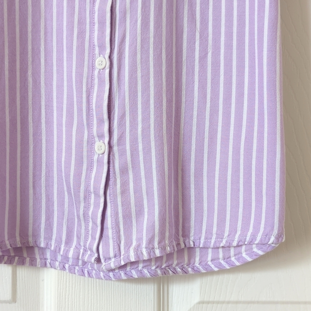 Beach Lunch Lounge Striped Ruffled Short Sleeve Button Down Blouse Purple XS - Picture 8 of 10